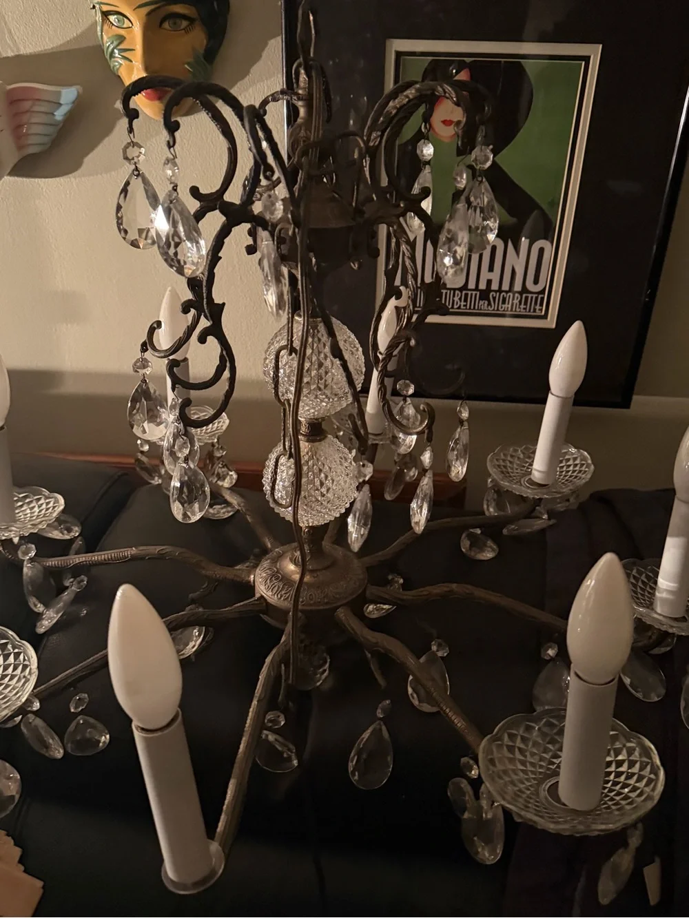 Antique Spanish Revival Brass 8 arm chandelier with leaded glass crystal prisms